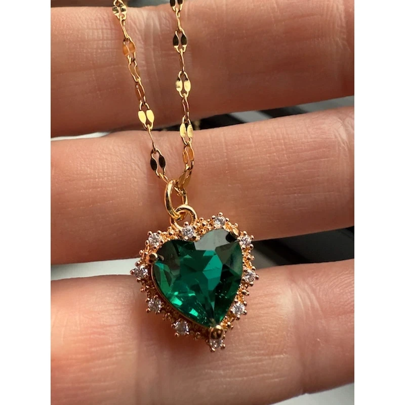 18k Gold Plated Emerald Green Heart Necklace